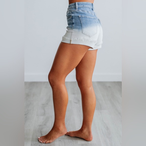 Risen High Rise Two Tone White Long Cut Off Denim Shorts - Picture 8 of 9
